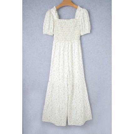 White Boho Floral Smocked Wide Leg Short Puff Sleeve Jumpsuit