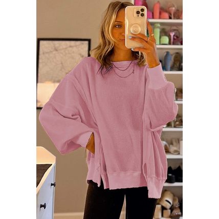 Pink Waffle Knit Bishop Sleeve Split Oversized Sweatshirt