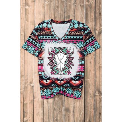 Green Western Aztec Turquoise Leopard Print V Neck Tee