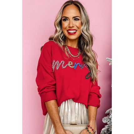 Fiery Red Tinsel Merry Letter Drop Shoulder Baggy Sweater