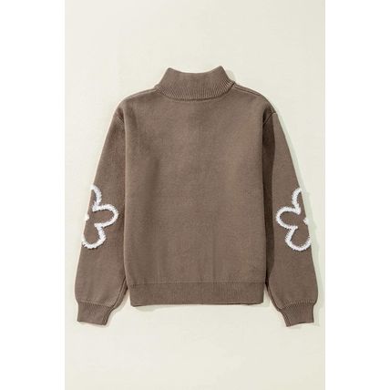 Parchment Contrast Flower Half Zipper Stand Neck Sweater