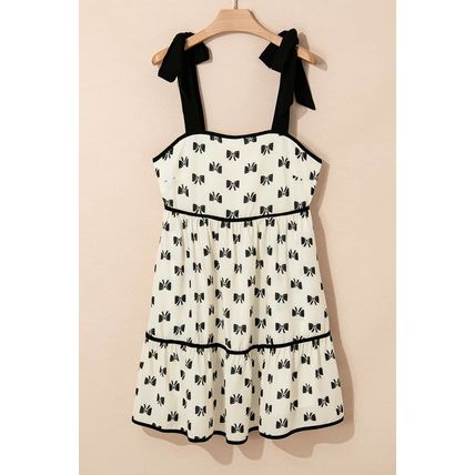 White Bow Knot Color Contrast Trim Knotted Shoulder Mini Dress
