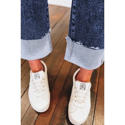 Real Teal Folded Cuffs Distressed Straight High Waist Jeans