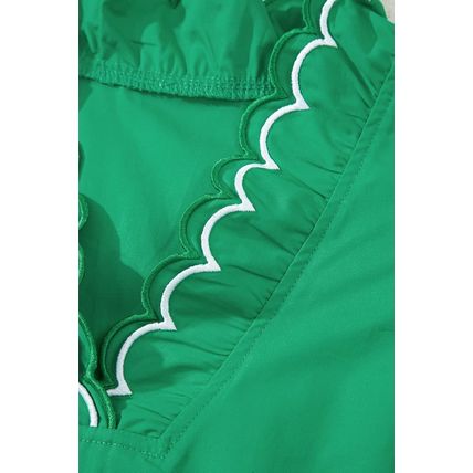 Bright Green Contrast Scallop Trim Layered Short Sleeve V Neck Blouse