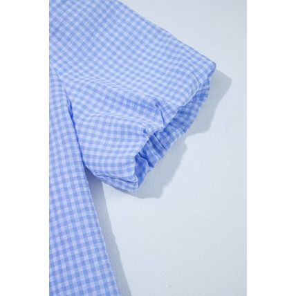 Light Blue Gingham Short Puff Sleeve Button Up Shirt
