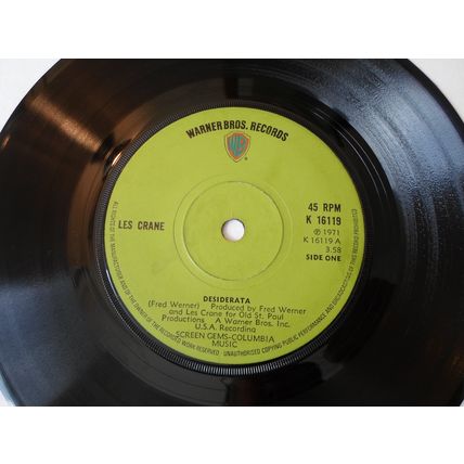 7" 1971 .LES CRANE.DESIDERATA. WARNER K 16119,A DIFFERENT DRUMMER,EXCELLENT