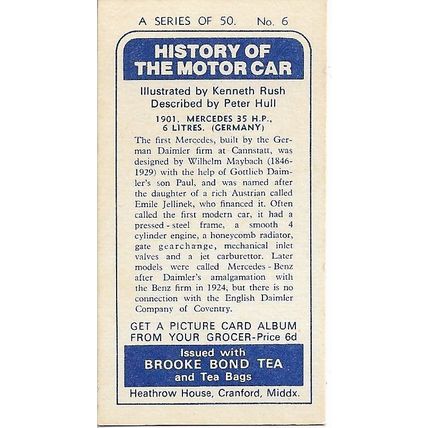 History of the Motor Car 1968 Brooke Bond Tea Card 6 - 1901 Mercedes 35 H.P.