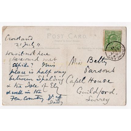 Genealogy Postcard Sent To Miss PARSONS Guildford 1911 | Crowland Abbey Lincs