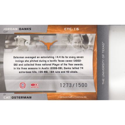 JORDAN DANKS & CAT OSTERMAN 2008 AUTOGRAPHED TEXAS BASEBALL MEN & WOMEN CHAMPION
