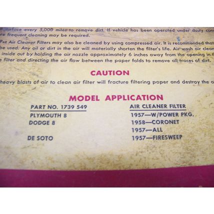 1957 1958 PLYMOUTH DODGE DESOTO AIR CLEANER FILTER NOS #1739549