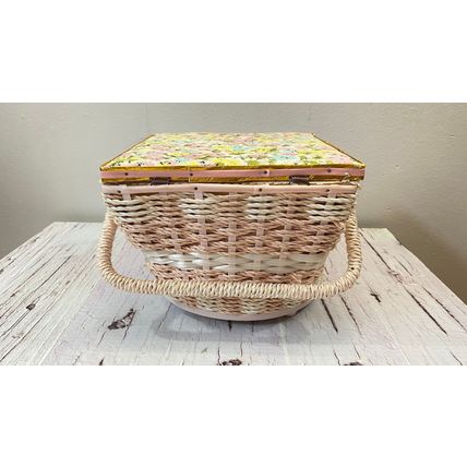 Vintage Wicker Sewing Basket, Squire Bin with Satin Lining, Pin Kit Chest, Box w