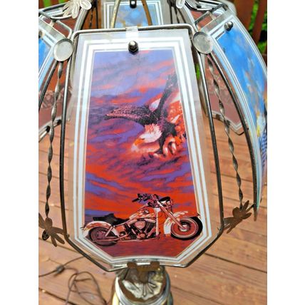 Vintage Heavy Brass Eagle American Flag Motorcycle Table Lamp Glass Panels Works