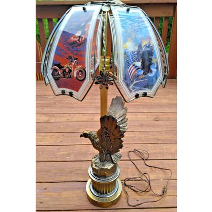 Vintage Heavy Brass Eagle American Flag Motorcycle Table Lamp Glass Panels Works
