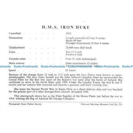 D017929 H. M. S. Iron Duke. Oscar Parkes Society. National Maritime Museum Card