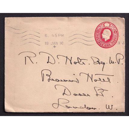 Great Britain KGV 1916 1d Red Cover Embossed Postal Stationery Used Krag Machine