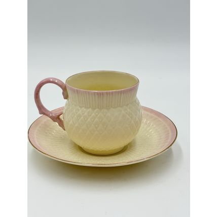 Vintage Belleek Pink Thistle Teacup & Saucer Irish Porcelain Demitasse 1980 Set