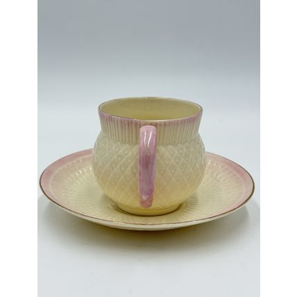Vintage Belleek Pink Thistle Teacup & Saucer Irish Porcelain Demitasse 1980 Set