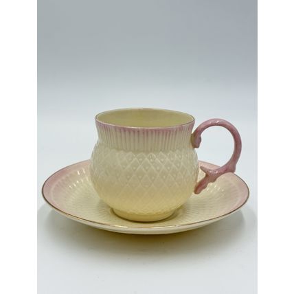 Vintage Belleek Pink Thistle Teacup & Saucer Irish Porcelain Demitasse 1980 Set