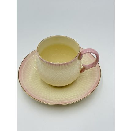 Vintage Belleek Pink Thistle Teacup & Saucer Irish Porcelain Demitasse 1980 Set
