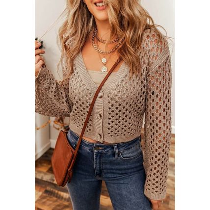 Smoke Gray Pointelle Knit V Neck Button Up Crop Cardigan