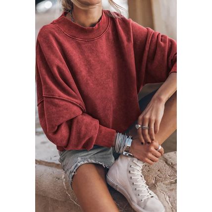 Red Dahlia Drop Shoulder Crew Neck Pullover Sweatshirt