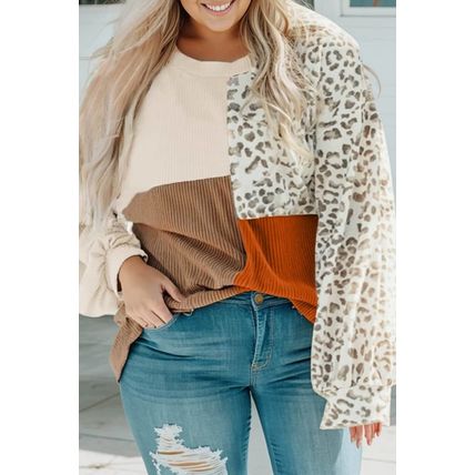 Khaki Ribbed Color Block Leopard Splicing Plus Size Top