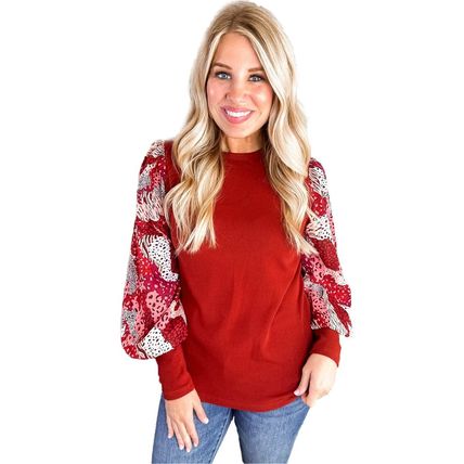 Fiery Red Contrast Mixed Animal Print Lantern Sleeve Patchwork Top