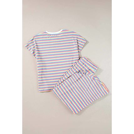 Pink Stripe Rainbow Tee Tasseled String Wide Leg Pants Set