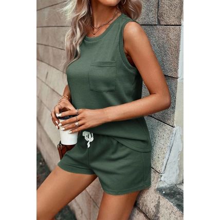 Mist Green Waffle Knit Patched Pocket Tank and Drawstring Shorts Set