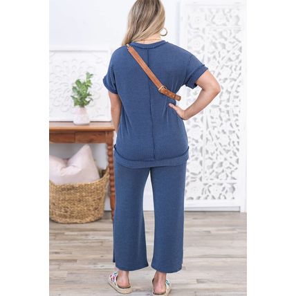 Sail Blue Ribbed V Neck Tee and Pants Plus Size Set