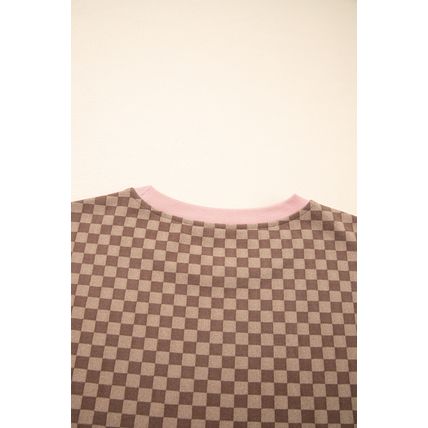 Brown Checkerboard Long Sleeve Pullover and Shorts Set