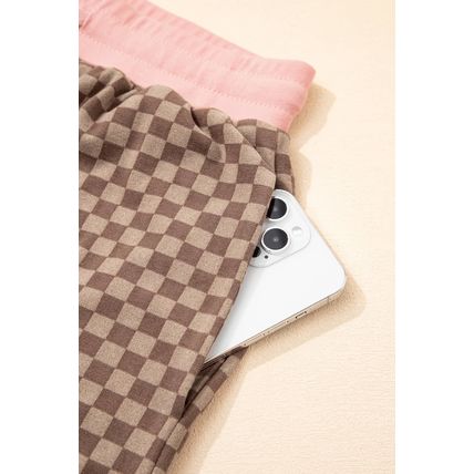 Brown Checkerboard Long Sleeve Pullover and Shorts Set