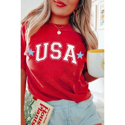 Red Star USA Print Crewneck Patriotic T Shirt