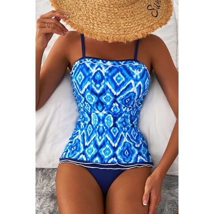 Navy Blue Abstract Print Frilled Trim Spaghetti Straps Tankini Set