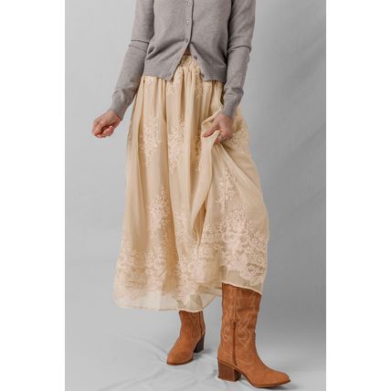 Oatmeal Embroidered Mesh Overlay Flowy Long Skirt