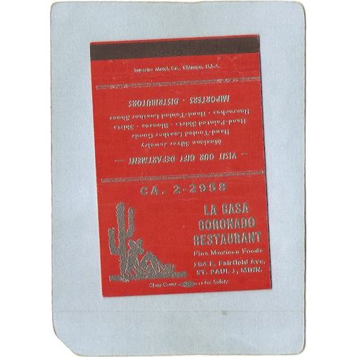 MN St Paul Matchcover La Casa Coronado Restaurant 184 East fairfield Ave R~294