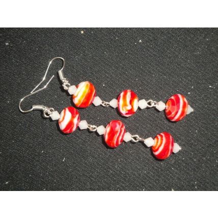 One off faceted red & white mix glass fun holiday long swing earrings