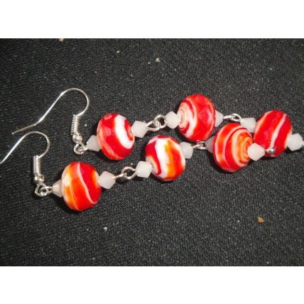 One off faceted red & white mix glass fun holiday long swing earrings