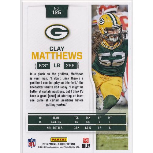 2016 Score Football 125 Clay Matthews Green Bay Packers