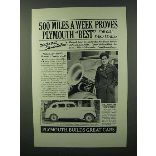 1937 Plymouth Car Ad - 500 Miles A Week Proves Best