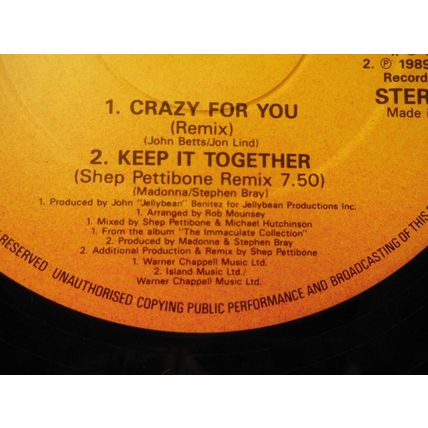 12" MADONNA SINGLE.1991.CRAZY FOR YOU.SIRE W0008T.9362-40021-0, EXCELLENT CON