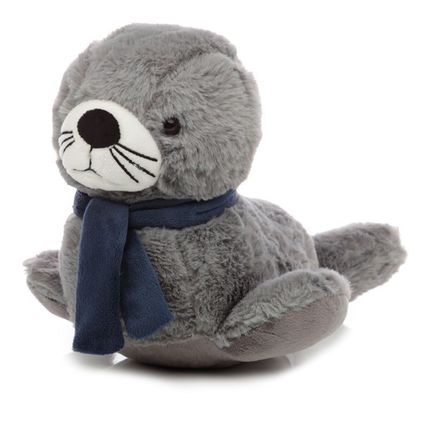 Grey Plush Baby Seal Wearing a Blue Scarf Door Stop 19 CM