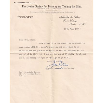 London Society For Teaching Training The Blind 1937 Pension Fund Letter