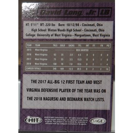 2019 Sage Hit DAVID LONG JR (W, Virginia/Titans) Premier Draft RC #73