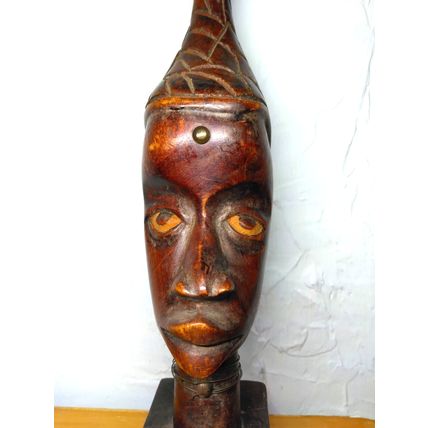 African Sculpture Tribal Woman Head w/Fish Wood Carving - Abstract Art - VTG