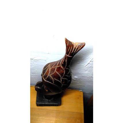 African Sculpture Tribal Woman Head w/Fish Wood Carving - Abstract Art - VTG