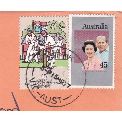Toorak VIC postmark Australia 1977 on Jubilee 45c + Trst Cricket 45c VGC