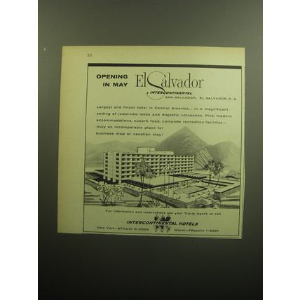 1958 Intercontinental Hotels Ad - Opening in May El Salvador
