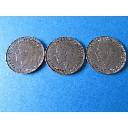 THREE GEORGE V PENNIES 1934,1935 & 1936 DATE RUN. (ebid)