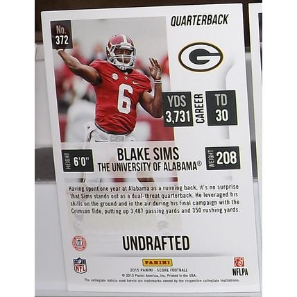2015 Panini Score BLAKE SIMS (Alabama/Packers) Rookie Card #372